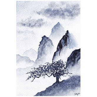 Aquarelle paysage, Estampe, Montagnes brumeuses, arbres, Aquarelles granuleuse, bleu, noir, peinture monochrome, Asie, Chine, Japon